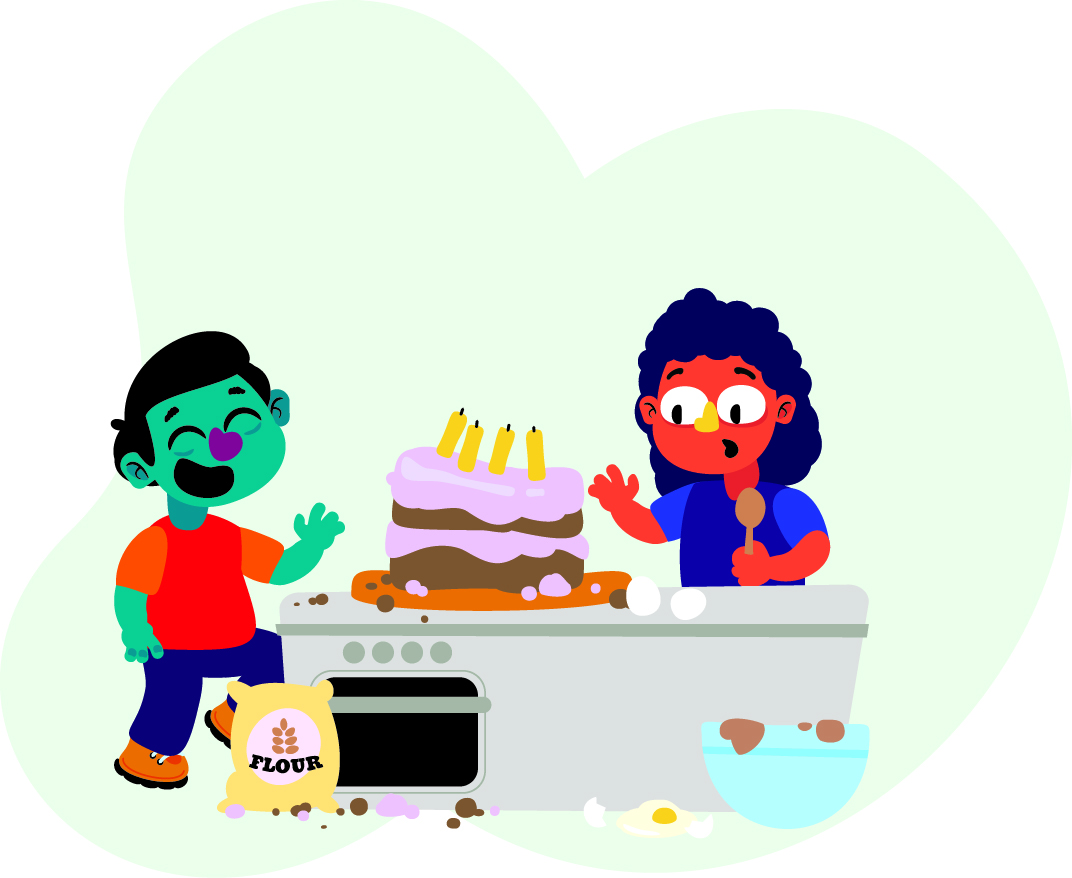 Two children are baking a cake in a messy kitchen, with flour and ingredients scattered around. One child is laughing, and the other is holding a spoon next to a poorly made cake with candles.