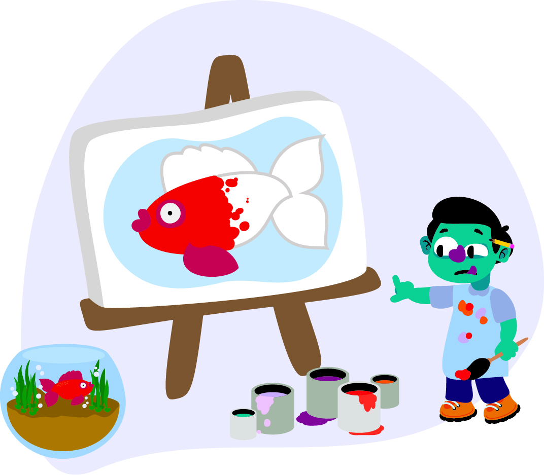 A child is painting a picture of a fish on an easel, with paint cans and brushes around. There is a fishbowl with a live fish nearby.