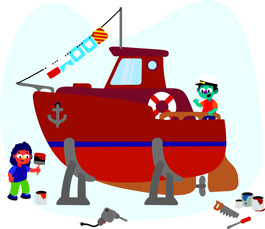 Two children are working on a boat. One child is painting the boat red, and the other, wearing a sailor hat, is standing on the boat. Various tools and paint cans are scattered around.