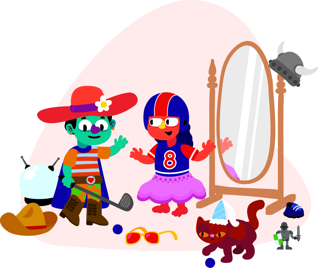 Two children are playing dress-up, wearing various costumes. One child is dressed in a hat, boots, and a cape, holding a golf club. The other child is wearing a sports helmet and a skirt. A mirror, scattered accessories, and a cat wearing a princess hat are nearby.