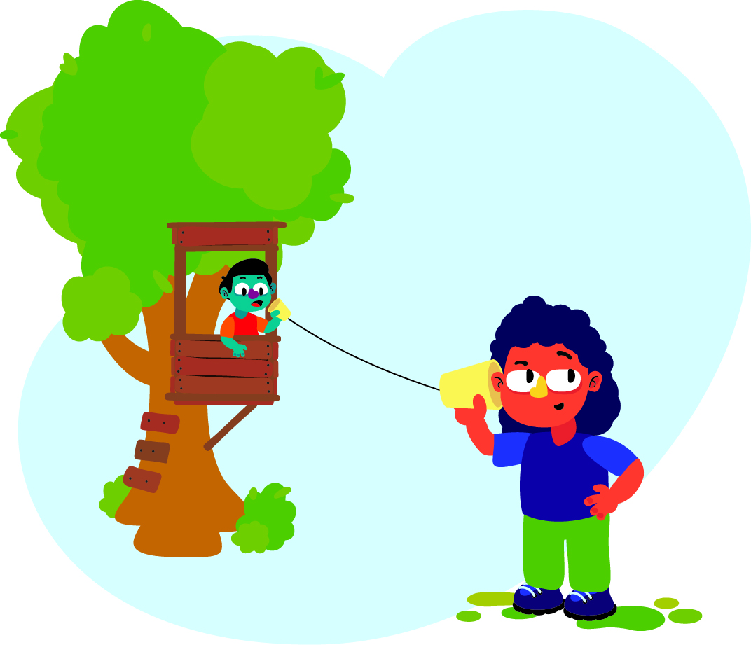 Two children are playing with a tin can telephone. One child is in a treehouse, and the other is on the ground holding the can to their ear.