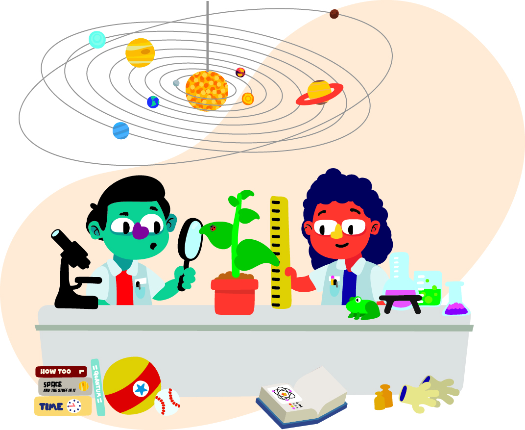 Two children dressed as scientists are conducting experiments in a lab. One child is looking through a magnifying glass at a plant, while the other measures the plant’s height. A microscope, beakers, flasks, and a model of the solar system are on the table.