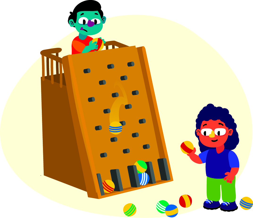 Two children are playing with a ball drop toy. One child is at the top of the structure, dropping balls down a pegboard, while the other child stands at the bottom, holding a ball and watching.