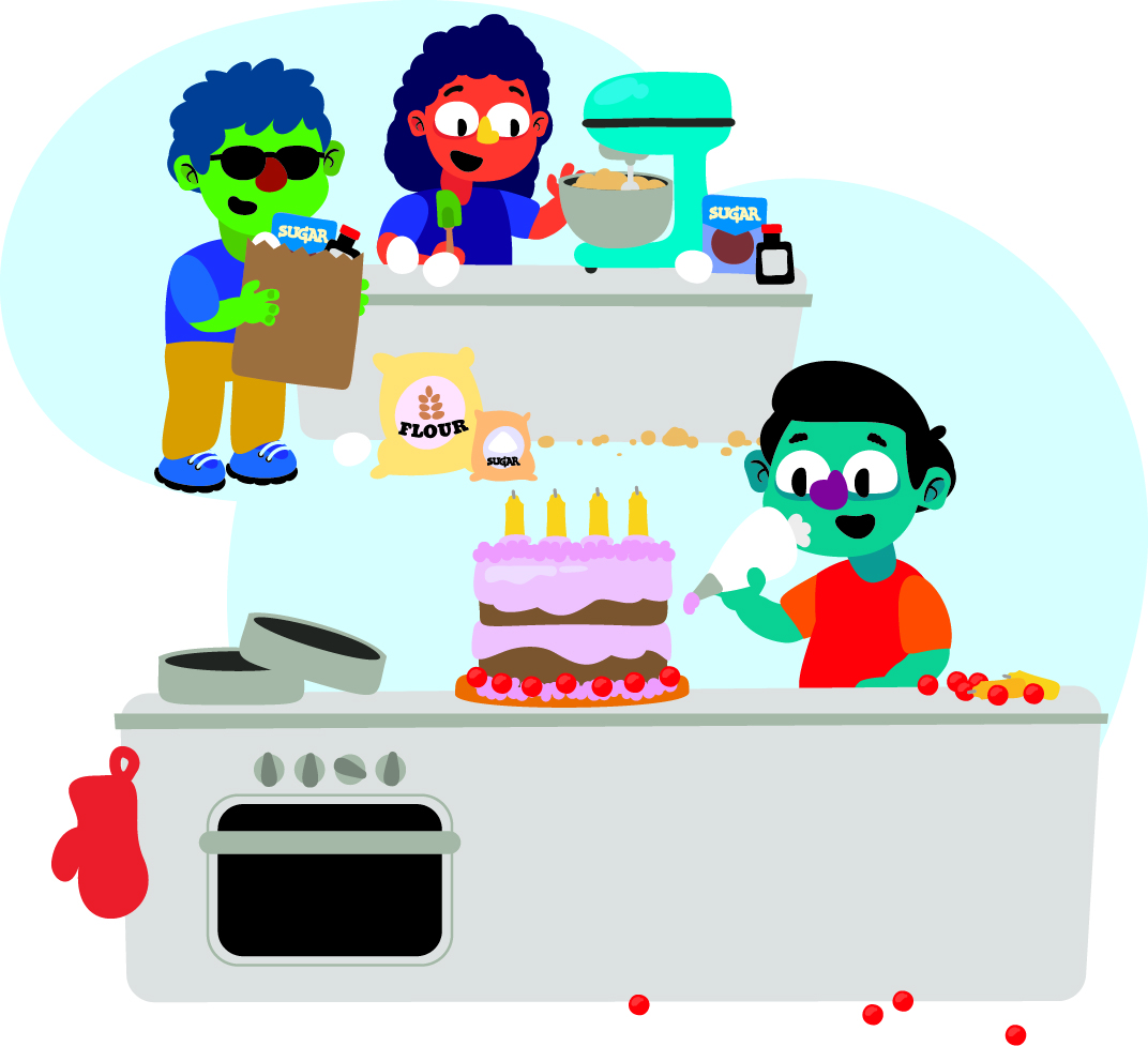 Three children are baking a cake in a kitchen. One child is using a mixer, another is holding a clipboard, and the third is decorating a layered cake with icing. Ingredients and utensils are scattered around the countertop.