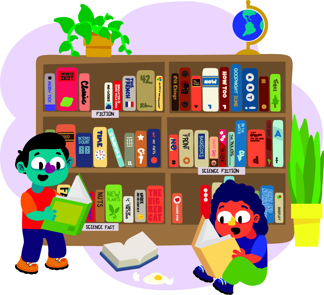 Two children are reading books in front of a bookshelf filled with various books. One child is standing and holding an open book, while the other is sitting on the floor with an open book. The bookshelf has sections labeled 