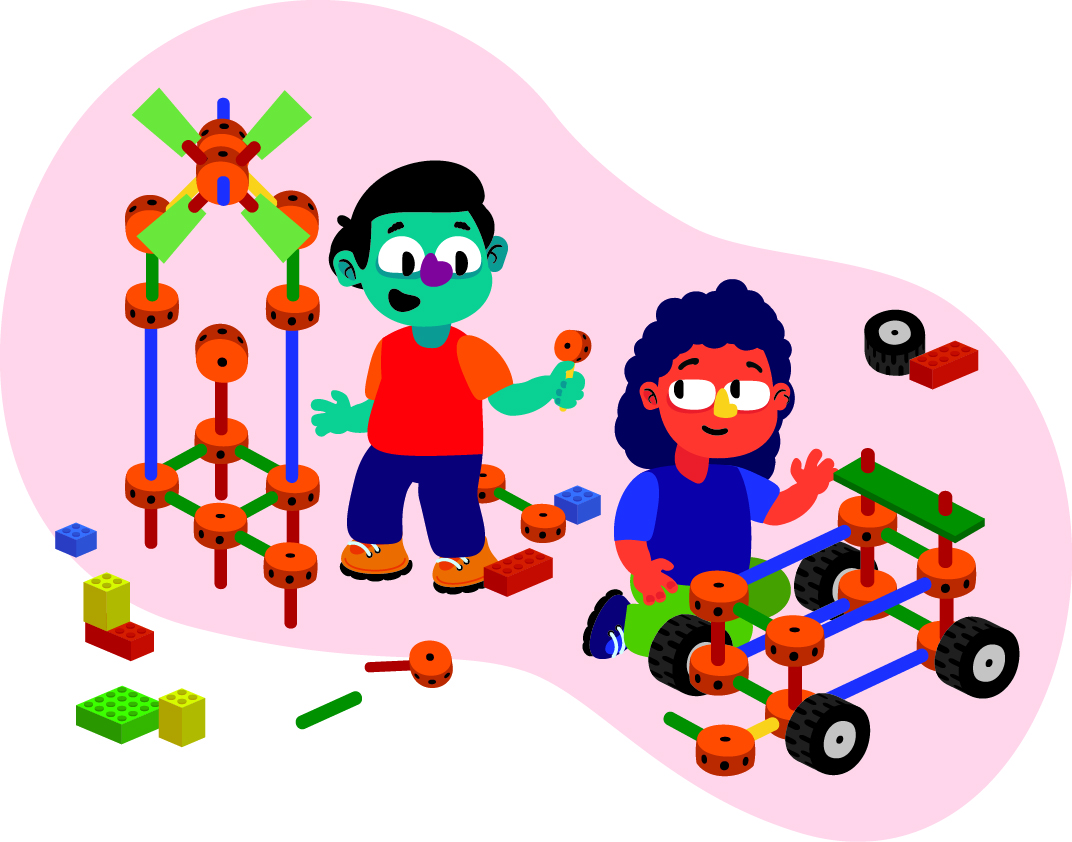 Two children are building structures with connecting rods and blocks. One child is standing next to a tall windmill-like structure, while the other is sitting on the floor constructing a vehicle with wheels. Various building pieces are scattered around them.