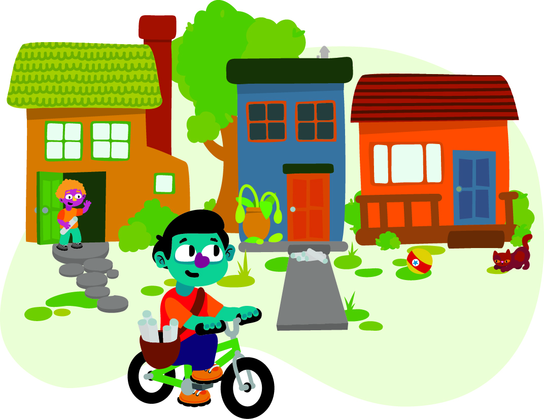 A child is riding a bike. delivering papers, in a neighborhood with three colorful houses. The child has a bag with rolled-up papers. Another child is waving from the doorway of one house, and a cat with a ball is nearby.