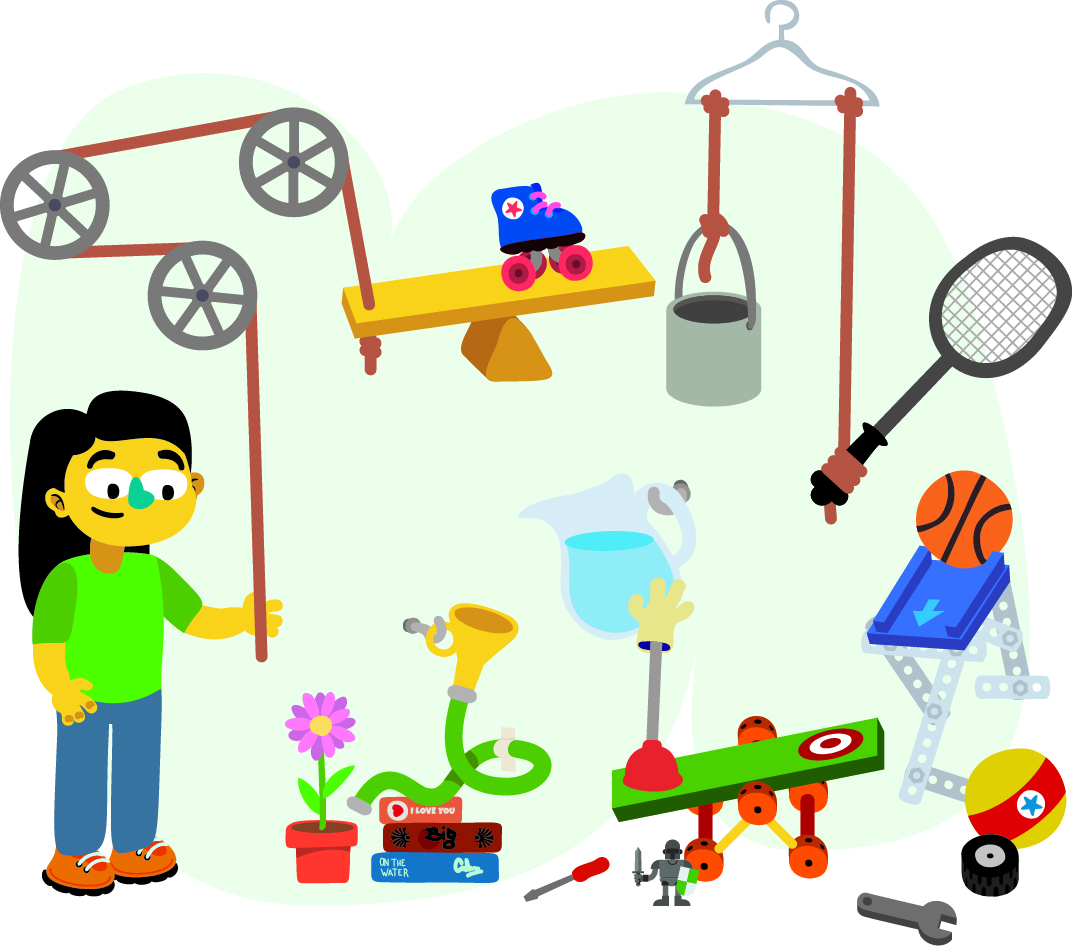 A child is standing next to a complex contraption made of various objects, including pulleys, a seesaw with a roller skate, a bucket hanging from a hanger, a tennis racket, a basketball, a pitcher of water, a flower in a pot, and a toy vehicle. The contraption appears to be a Rube Goldberg machine. Tools and other small items are scattered around.