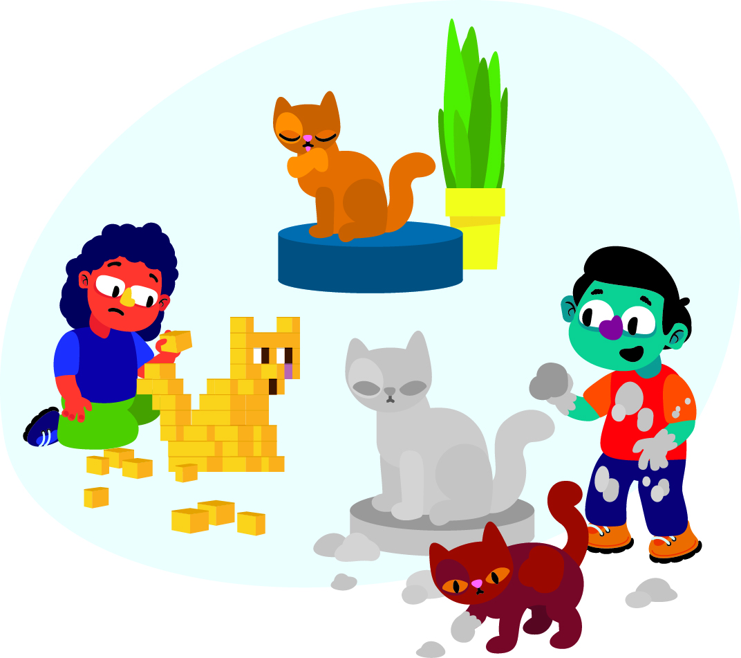 Two children are creating cat sculptures. One child is building a cat with yellow blocks, while the other is sculpting a cat from gray clay. A real cat is sitting on a platform, and another cat is nearby. A plant is in the background.