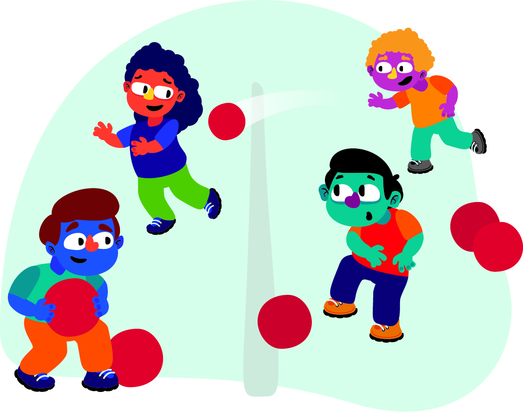 Four children are playing dodgeball, with red balls flying around. One child is holding a ball, ready to throw, while the others are running and dodging.