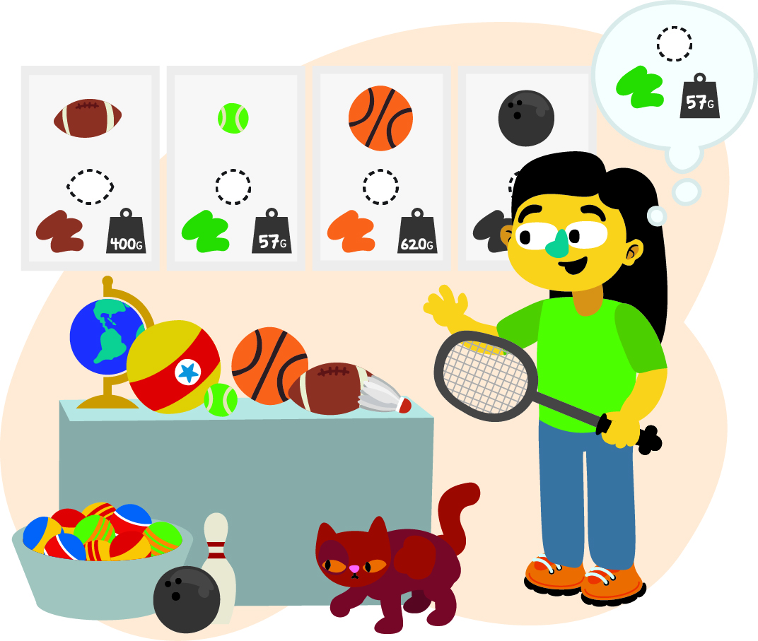 A child is holding a tennis racket and standing next to a table with various sports balls and equipment. Posters on the wall show different balls with their corresponding color and weights. The child is thinking about a tennis ball and its color being green and its weight of 57 grams. A cat and more sports balls are on the floor nearby.