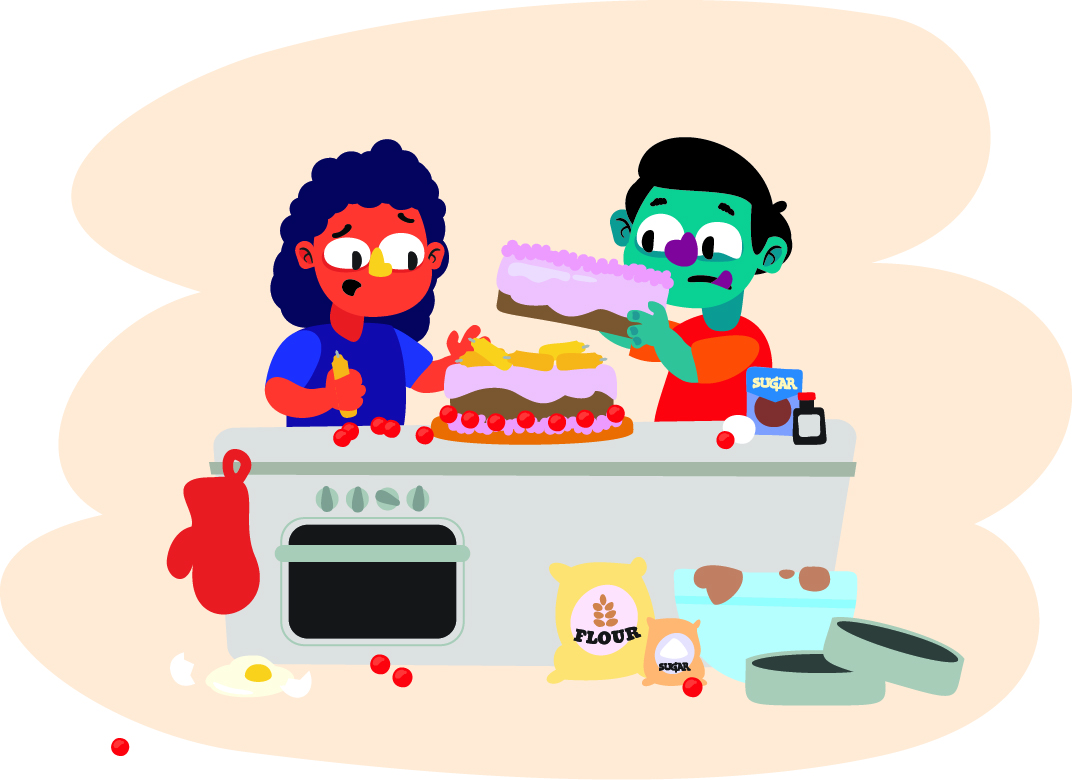 Two children are decorating a layered cake in a messy kitchen. One child is holding a cake layer, while the other is adding decorations to the wrong layer of the cake. Ingredients like flour, sugar, and cherries are scattered around, with a spilled egg and an oven mitt on the floor.